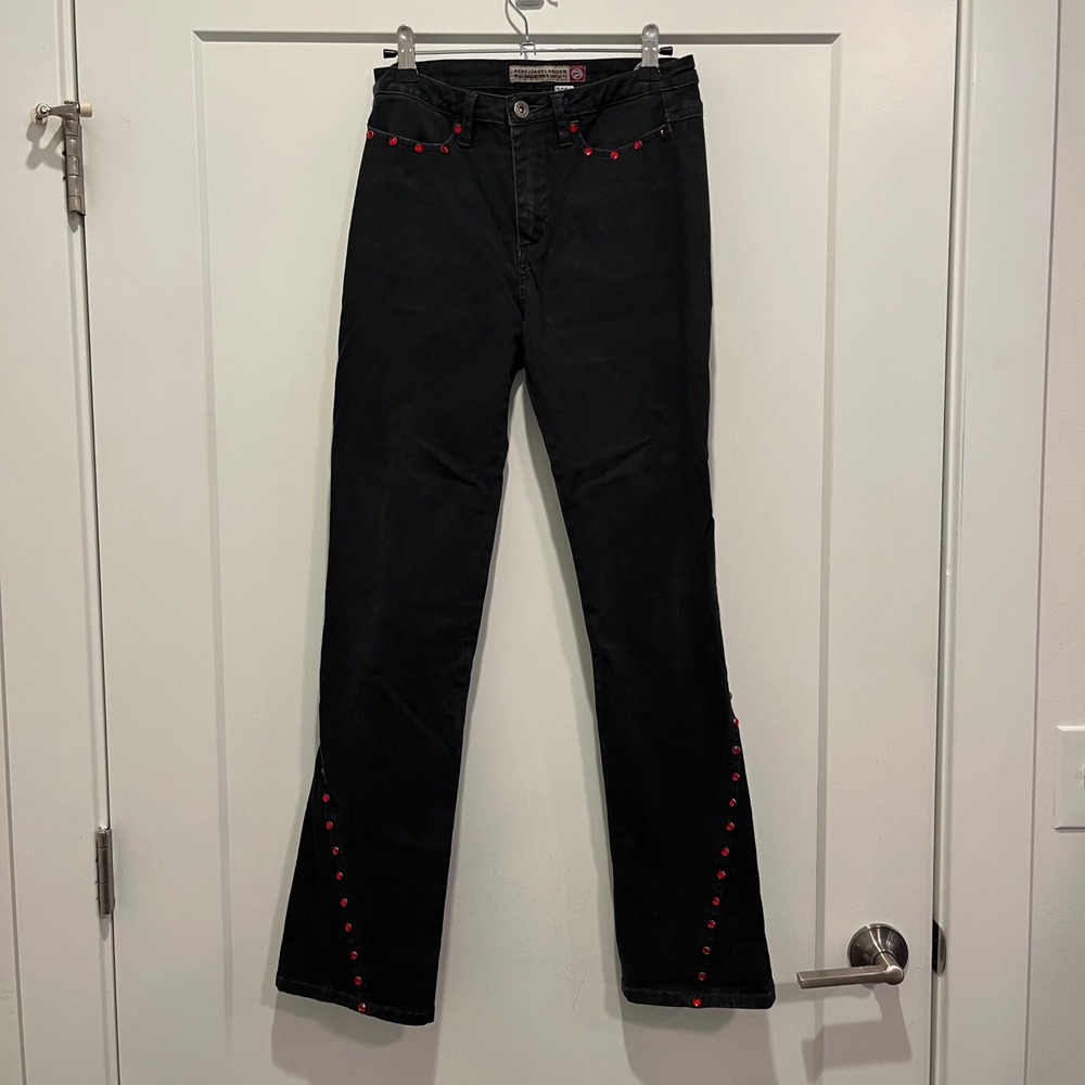 Pepe Jeans London Black Red Rhinestone Embellished Bootcut Jeans Size 27 Y2K